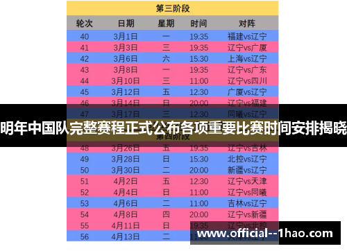 明年中国队完整赛程正式公布各项重要比赛时间安排揭晓