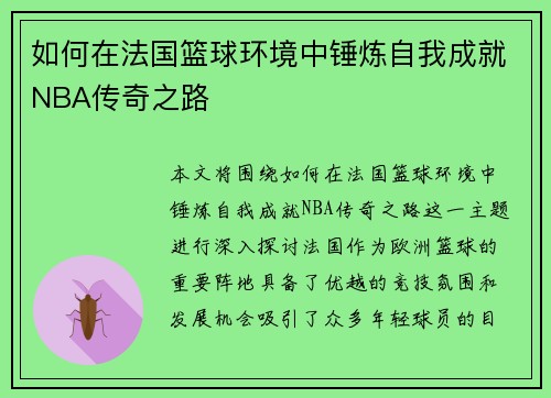 如何在法国篮球环境中锤炼自我成就NBA传奇之路 如何在法国篮球环境中锤炼自我成就NBA传奇之路