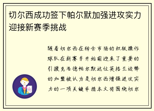 切尔西成功签下帕尔默加强进攻实力迎接新赛季挑战 切尔西成功签下帕尔默加强进攻实力迎接新赛季挑战