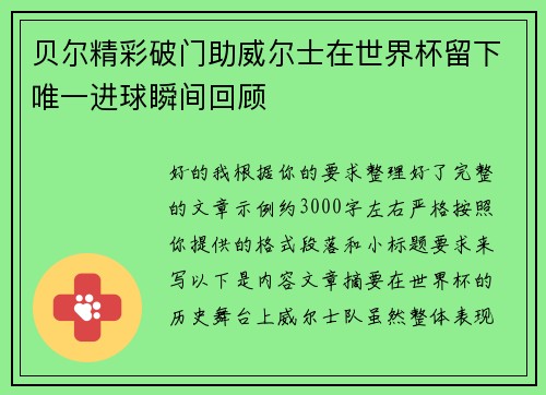 贝尔精彩破门助威尔士在世界杯留下唯一进球瞬间回顾